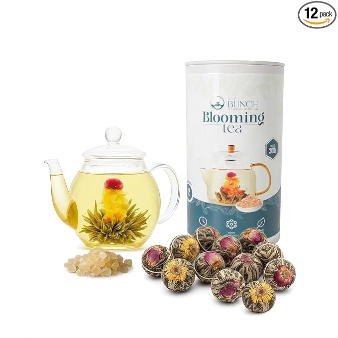 Tea Bunch Blooming Flower Tea Set – 12 Hand-Tied Organic Green Tea Balls with 12 Packs of Rock Sugar, Gift-Ready Packaging, Calming Floral Tea for Wellness & Relaxation (Glass Teapot Not Included)
