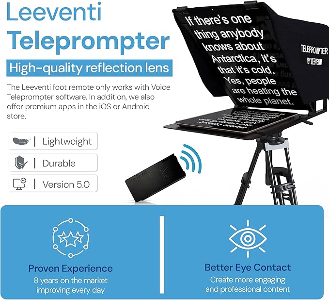 Teleprompter 5.0 12" Compatible with iPad, Tablet, Smartphone and DSLR Camera, Remote or App Control, Compatible with Android and iOS, Ideal for Video Recording, Aluminum Alloy