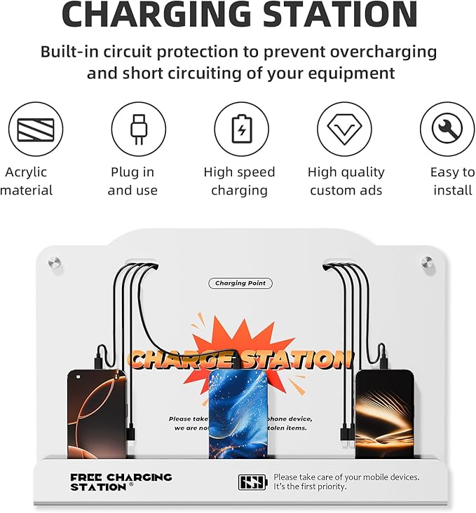 8-Port Wall Mounted Charging Station with Universal Cables – Fast Charging Dock for iPhone, Android & Type-C Devices – Perfect for Office, Airport, Hotel & School Use (White)
