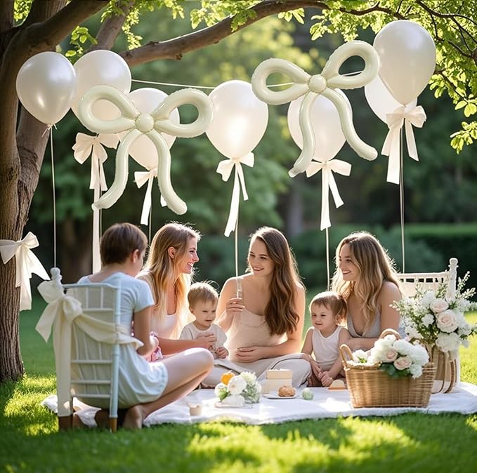 6 Pcs Beige Bow Balloons Cream White Bow Decorations for Girls Women Bow Themed Birthday Party Supplies for Baby Shower, Gender Reveal, Wedding, Bachelorette, One Silly Goose Event Decor