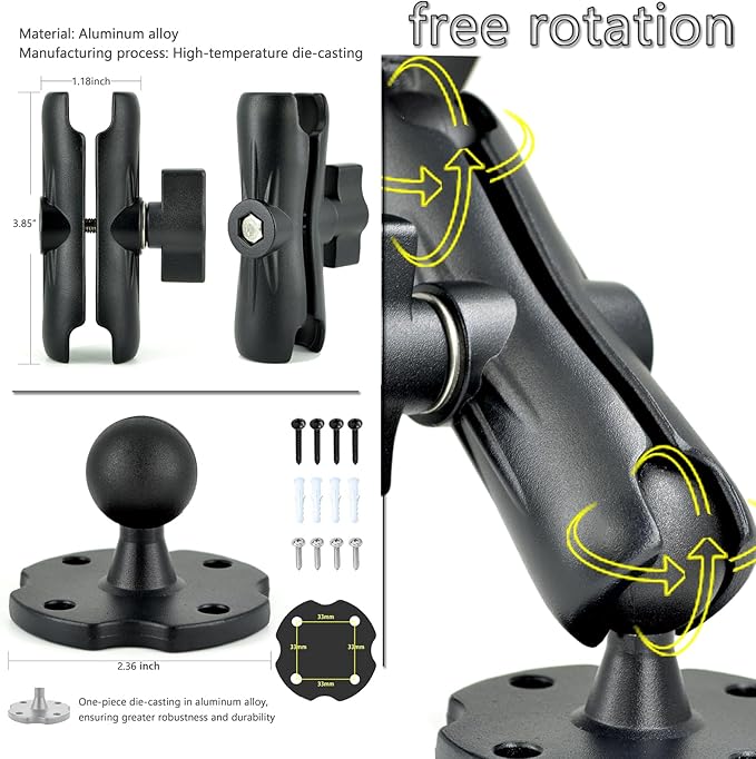 VAUBORTTI Aluminum Arm Heavy Duty Tablet Mount Drill Base - for 6.5"-12.9" Tablet iPad Pro/Mini, iPad Holder for Truck, Car,Dashboard,Desk,Wall-Swivel with 1 inch/25mm Ball Joint