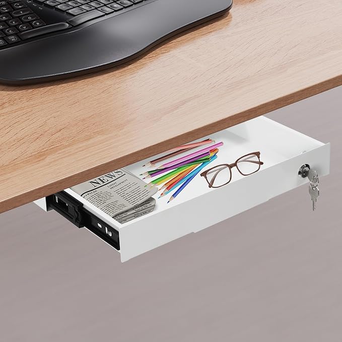14.17" Under Desk Storage Drawer, Locking Design White Sliding Pull-Out Drawer for Sit Stand Workstation