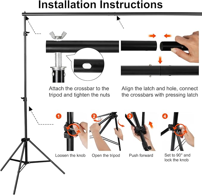 Adjustable Photography Backdrop Stand Kit 10x7ft(WxH) – Photo Studio Background Support with 4 Crossbars, 4 Clamps, 2 Sandbags, (with 10 * 7 Feet White Backdrop Curtain)