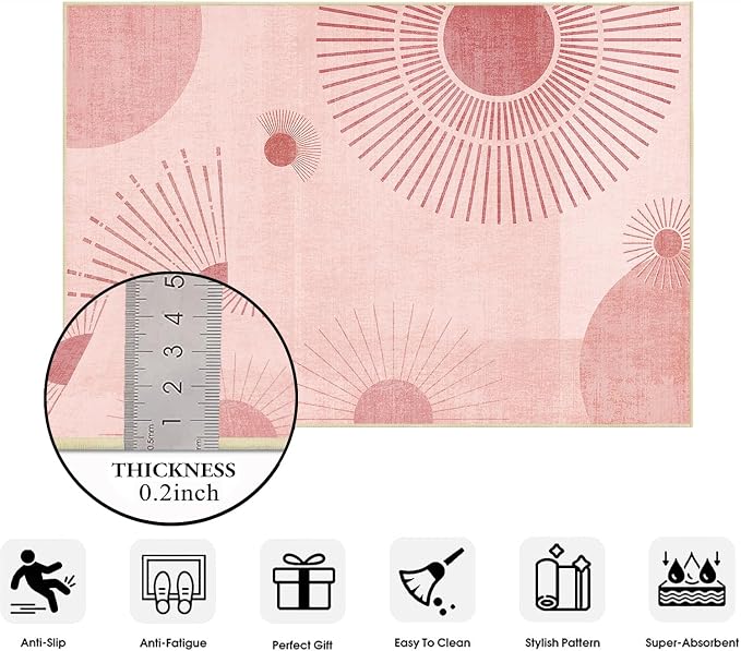 Sun Runner Rug 2x6 for Hallway Kitchen Bedroom,Mid Century Modern Runner Rugs Washable Boho Geometric Rug Non-Slip Printed Low Pile Long Floor Carpet Mat for Bedroom Laundry,Pink