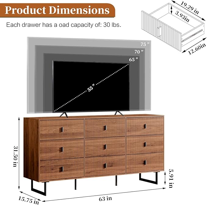 Chrangmay Modern Chest of Drawers with 9 Drawers,Deep Drawers,Clothes Organizer,Large Storage Cabinet for Living Room, Bedroom,Hallway,with Anti-Tipping Device, Walnut.