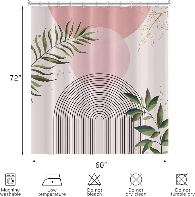 Boho Mid Century Shower Curtain, Pink Modern Minimalist Abstract Geometric Green Gold Plant Leaves Sun Arch Bathroom Curtains Waterproof Fabric Buthtub Curtain Set with Hooks 60" Wx72 L