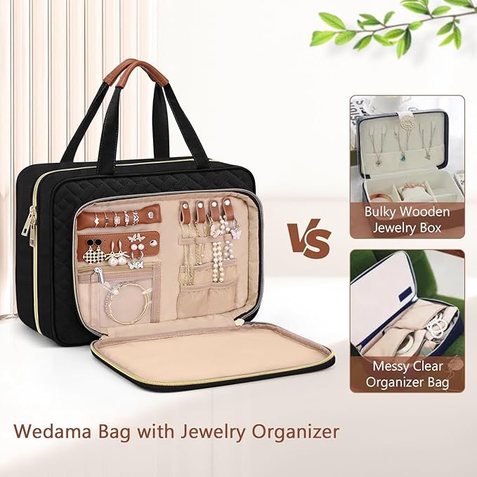 Wedama Toiletry Bag for Women, Hanging Travel Toiletry Bag with Jewelry Organizer Compartment Medium Makeup Bag, PVC Waterproof Cosmetic Travel Bag Trips Camping Bathroom, Black+Brown