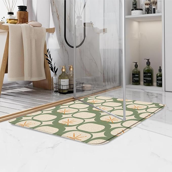 Mid Century Modern Bath Mat Abstract Atomic Geometric Retro 1950s Sage Green Bathroom Kitchen Toilet Rugs,24x60 Inch