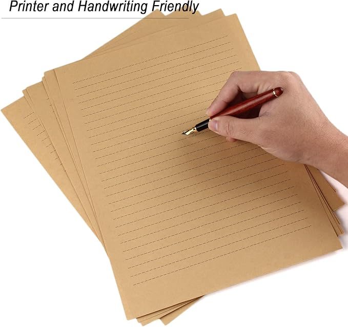 CenterZ 100pcs Vintage Kraft Stationary Paper 8.3 x 11.5 inch, A4 Sheets 120gsm Printable Lined Stationery Writing Letter Papers Bulk Set for Personalized Letters, Creative Poems, Lyrics, Office Notes