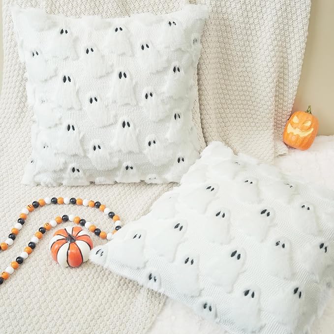 GEEORY Halloween Ghost Soft Plush Pillow Covers, 18 x 18 Inch Set of 2, Fluffy Faux Fur Wool Decorative Farmhouse Cushion Case for Sofa Home Decoration White GC026-18
