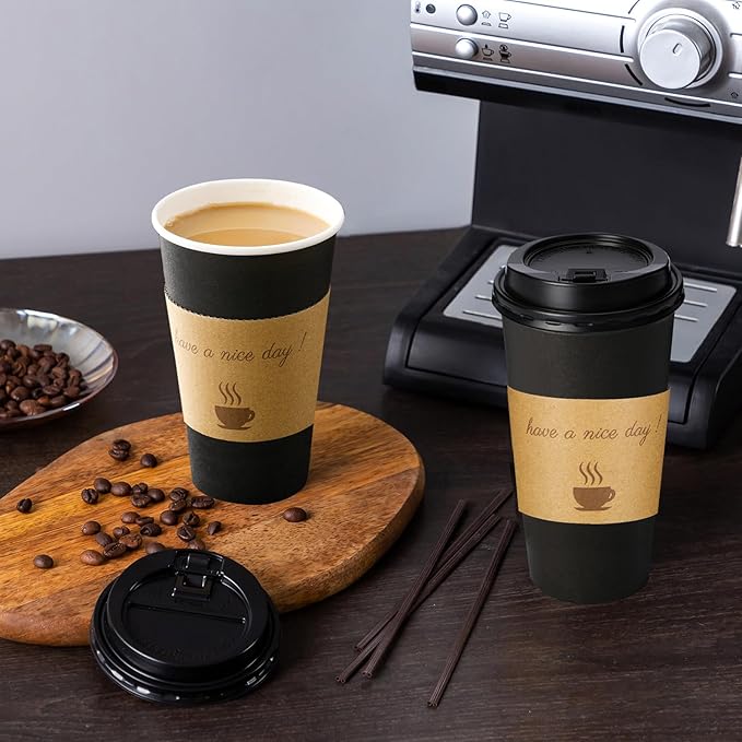 Lamosi 20 oz Disposable Coffee Cups with Lids 50 Pack, Hot Paper To Go Cups with Lids, Stir Sticks and Sleeves, for Home, Travel, Office