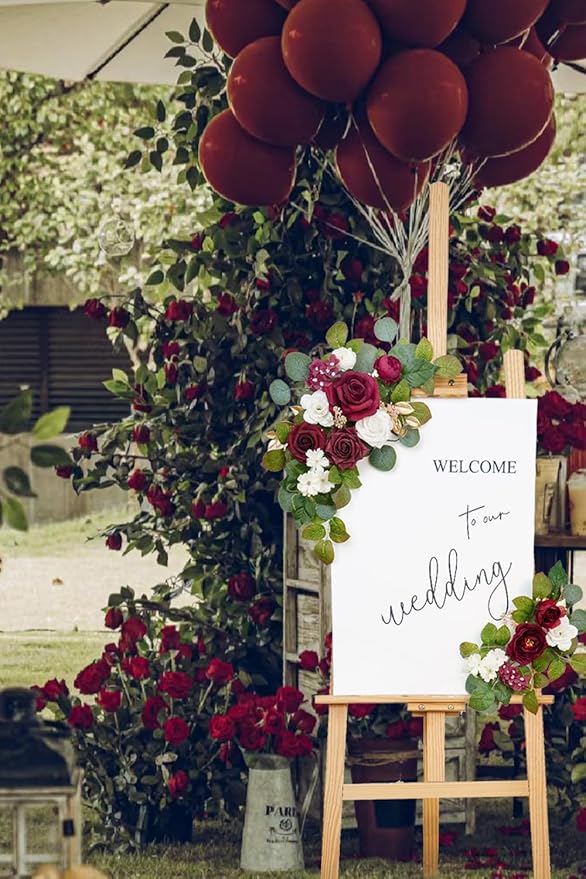 WEIERYUE(Pack of 2 Artificial Flowers Decorations,Artificial Arch Backdrop Garlandfor Ceremony Party Reception Entrance Welcome Easel Door Floral Decor Wall Home Entryway Outdoor(Wine red)