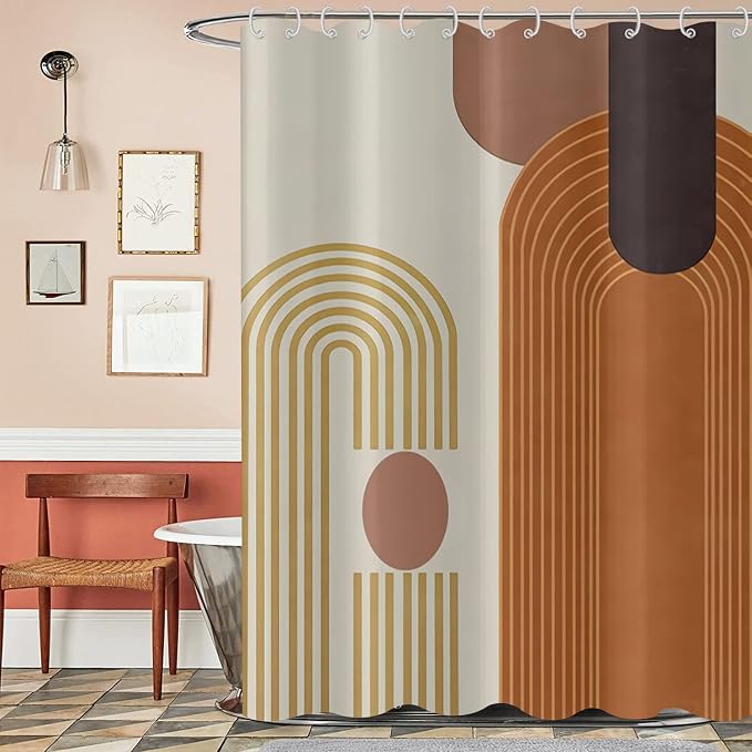 Mid Century Modern Extra Long Shower Curtain, Boho Brown Abstract Arch Machine Washable Waterproof for Bathroom Bathtub with 12 Hooks 72Wx78H