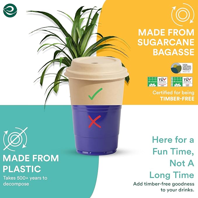 ECO SOUL 50 Pack 12 oz Disposable Coffee Cups with Lids & Sleeves Eco-Friendly, Biodegradable, Compostable, Leak-free & Sturdy To Go Hot Drink Cup for Tea, Chocolate Party Travel Cafe Office & Home