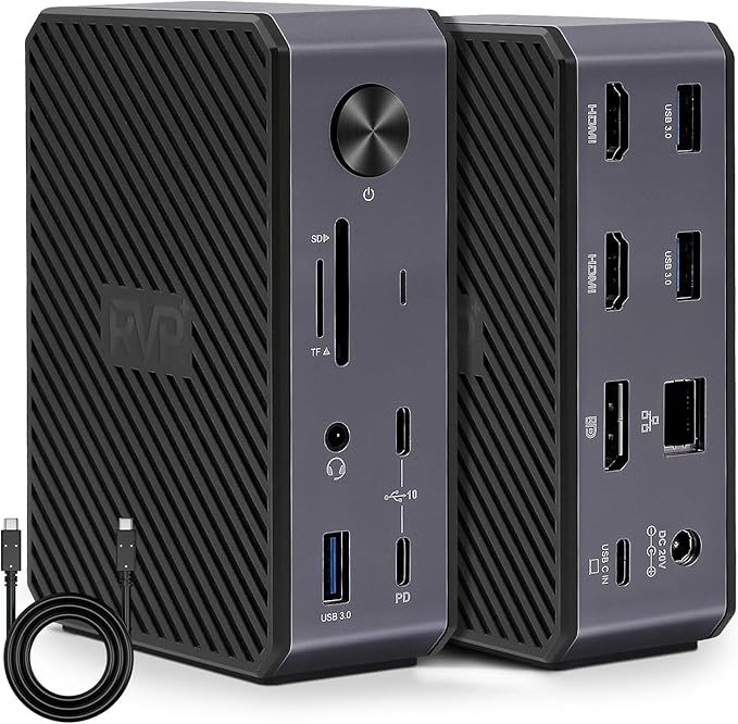 RVP+ USB C Docking Station 3 Monitors, 14-in-1, 10Gbps USB-C, 5Gbps USB 3.0, 85W Laptop-Charging, PD 18W, Triple Display-4K HDMI Dual Monitors & DisplayPort, Gigabit Ethernet, Audio, TF/SD 3.0(RVP-G8)