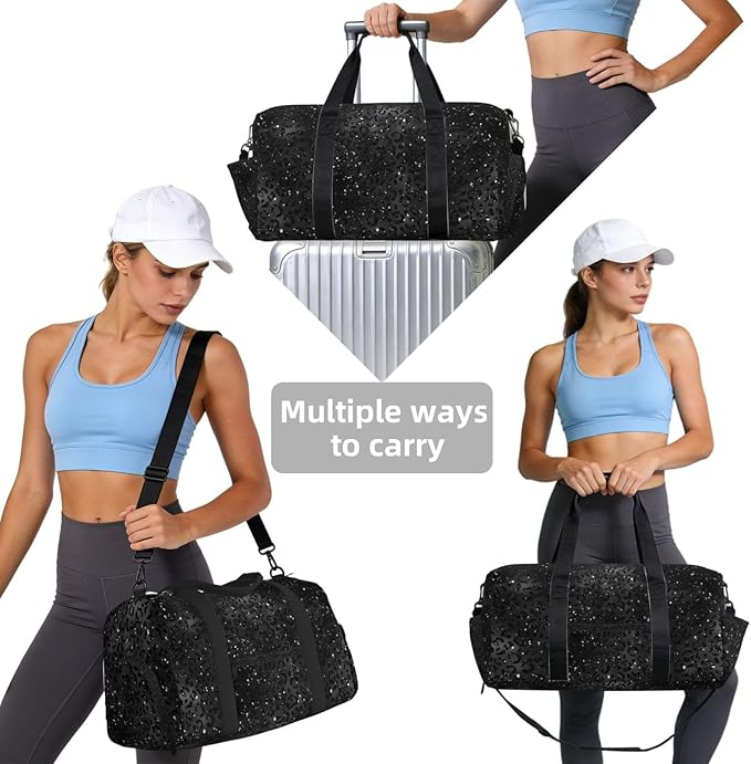 Cute Black Cheetah Leopard Skin Print Animal Women'S Gym Duffle Bag With Shoes Compartment, Ideal For Travel, Gym, Sports, Duffel, Weekender