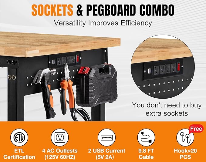 72” Adjustable Height Workbench, 5000 LBS Heavy Duty Table Rubber Wood Workstation with Power Outlet & Pegboard for Garage, Office, Workshop, Home,Commercial