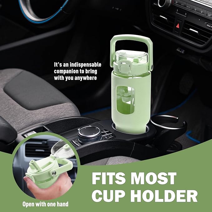 BLUEGO 40oz Glass Tumbler with Lid and Straw, Glass Water Bottles with Handle, Glass Cup with Time Marker and Silicone Sleeve, Fits Most Cup Holder, Leak-proof, Green