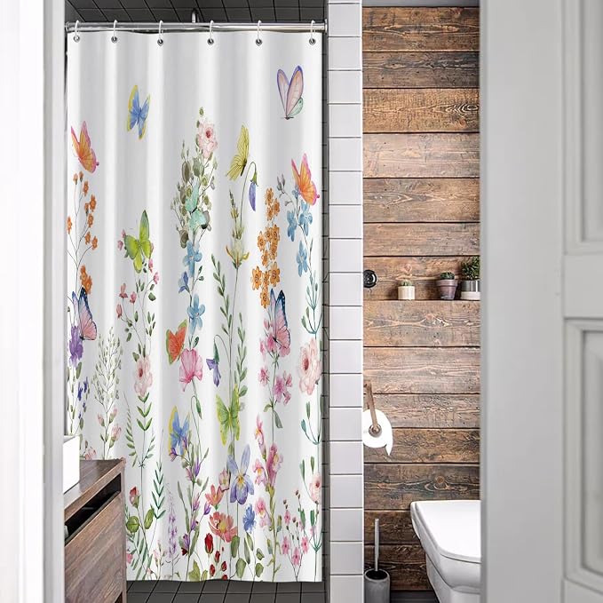Spring Floral Butterfly Shower Curtain Summer Colorful Wildflowers Botanical Shower Curtain for Rustic Vintage Bathroom Decor Easter Shower Curtain Set 54x78 Inches