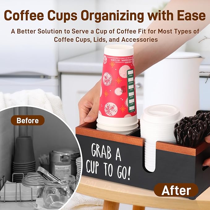 Intarsio 100% Wooden Coffee Cups Holder with U-Shape Cutout Design for Countertop-Coffee Bar Organizer for Cups, Lids, Pods, Stirrers, and Accessories, Great Gift for Home or Office