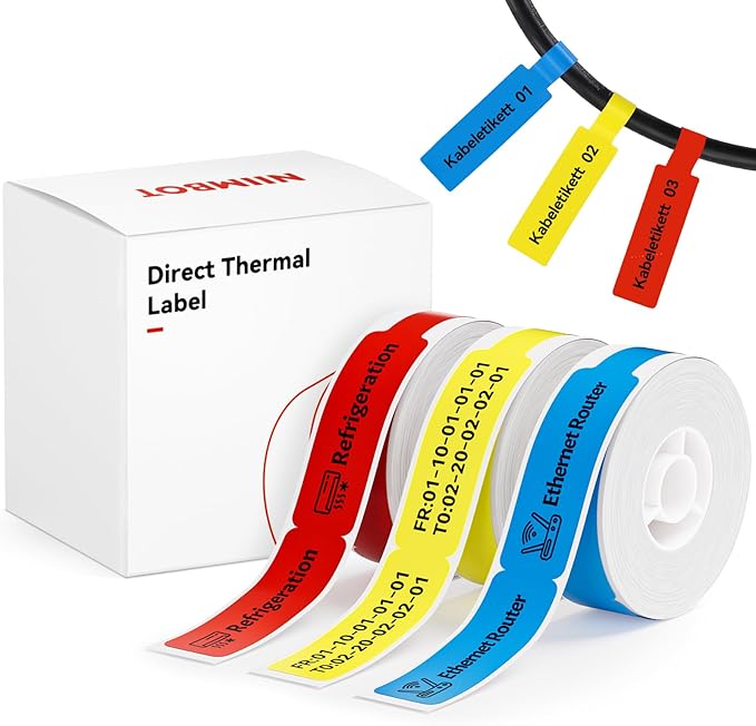 NIIMBOT D11 D110 Label Maker Tape Adhesive White Label Paper 0.47" X 4.29" (12.5 X 109mm) 65 Labels/Roll, Compatible for NIIMBOT D11 D110 Label Printer, Thermal Paper,Red Yellow Blue, 3-Roll