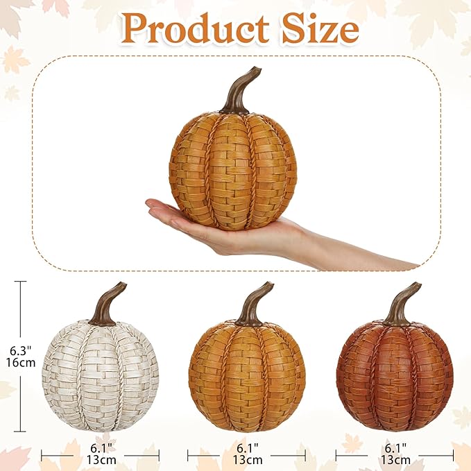 6 Inch Large Artificial Pumpkins, 3 Pcs Fall Pumpkin Decor Beige Orange Clay Brown Faux Resin Pumpkins Woven Pumpkin Centerpiece for Rustic Farmhouse Fall Thanksgiving Autumn Harvest Table Decor