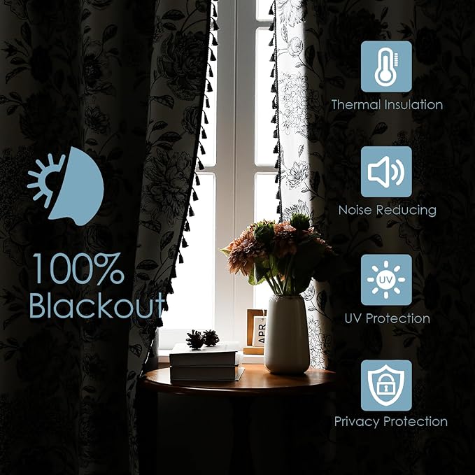 100% Blackout Black Floral Farmhouse Curtains Living Room Thermal Insulated Drapes Elegant Peony Pattern & Tassel Curtains 2 Panels Blocking Curtains for Windows Floral Drapes (52W*63L)