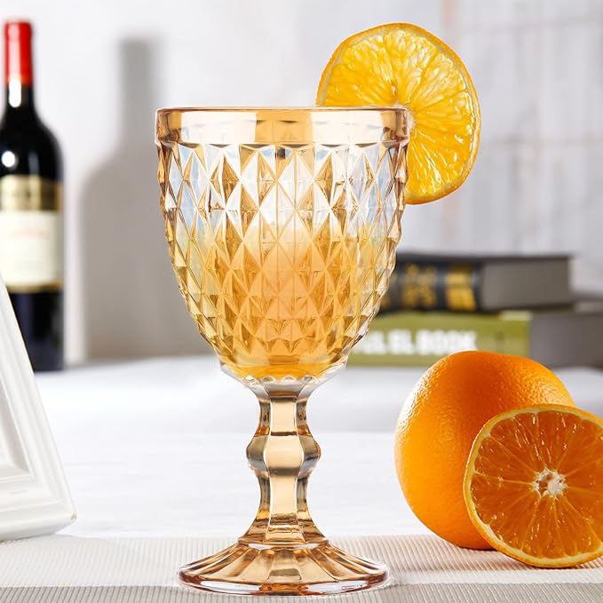Vintage Wine Glasses Set of 6, 10 Ounce Colored Glass Water Goblets, Unique Embossed Pattern High Clear Stemmed Glassware Wedding Party Bar Glass Drinking Cups Diamond Amber