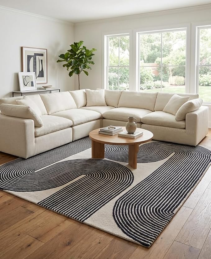 Modern Handmade Wool Area Rug, Abstract Curved Line Geometric Carpet for Living Room Bedroom, Contemporary Tufted Indoor Rug with Soft Pile and Cotton Backing (Ink, 8' x 12')