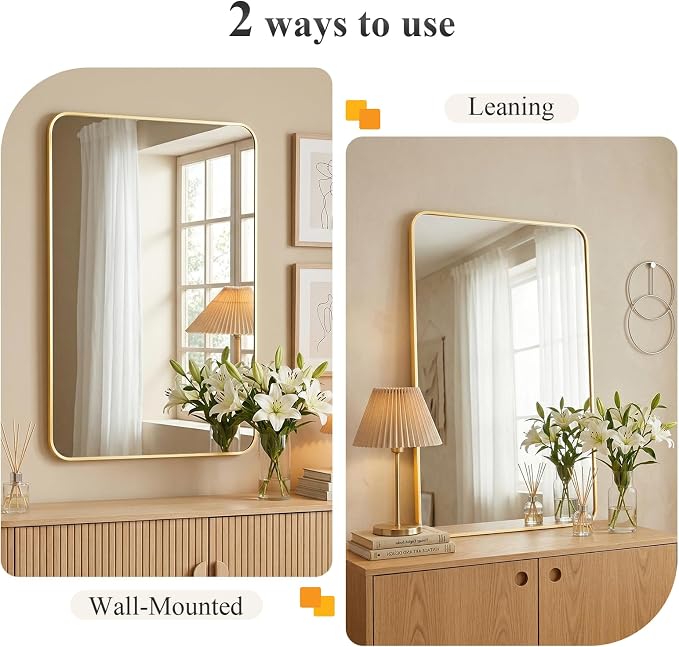 Sweetcrispy Bathroom Mirror for Over Sink, 24x36 Inch Wall Mount Mirror with a Rounded Rectangle and Matte Metal Frame, Modern Wall Vanity Mirrors for Home Decor, Living Room, Bedroom, Gold