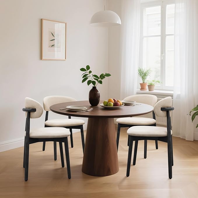 Farmhouse Dining Chairs Set of 4, Mid Century Modern Fabric Upholstered Kitchen Chairs, Wooden Dining Room Chair with Curved Back&Black Legs for Kitchen Dining Room Restaurant Cafe, Beige, Only Chairs