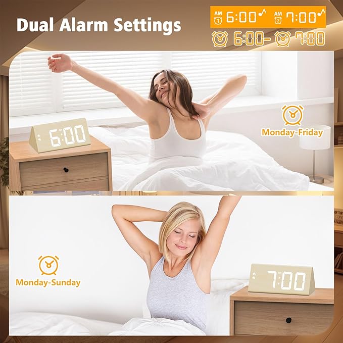 fomobest Wooden Digital Alarm Clock with Dual USB Charging Ports, DST, Dimmable, Snooze, Modern Large Time Display LED Clock for Kids Bedrooms, Living Room, Desk, Table, Bedside, Nightstand (Bamboo)