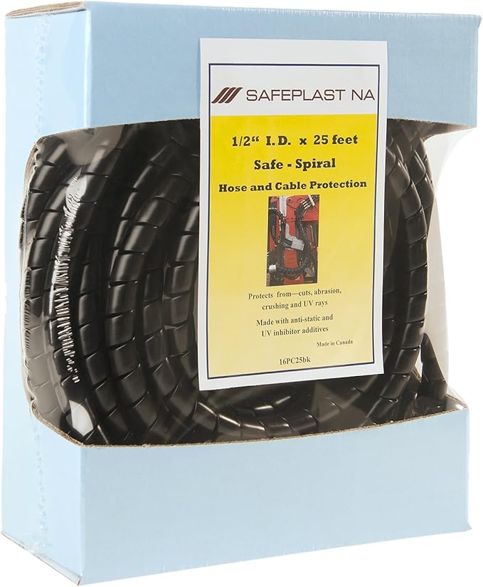 Caplugs SPPC Series – Safeplast Safe-Spiral Pre-Cut Spiral Wrap, Hose & Cable Protector, Black HD-PE, 0.67" OD x Six 25' Pre-Cut Lengths (Total Length 150'), Hydraulic & Pneumatic Hoses (16PC25bk)