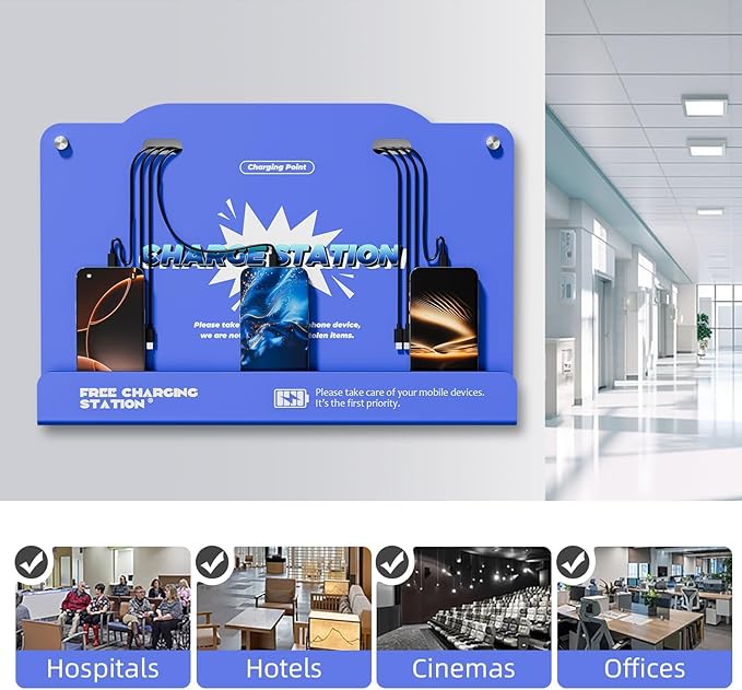 8-Port Wall Mounted Charging Station with Universal Cables – Fast Charging Dock for iPhone, Android & Type-C Devices – Perfect for Office, Airport, Hotel & School Use (Blue)