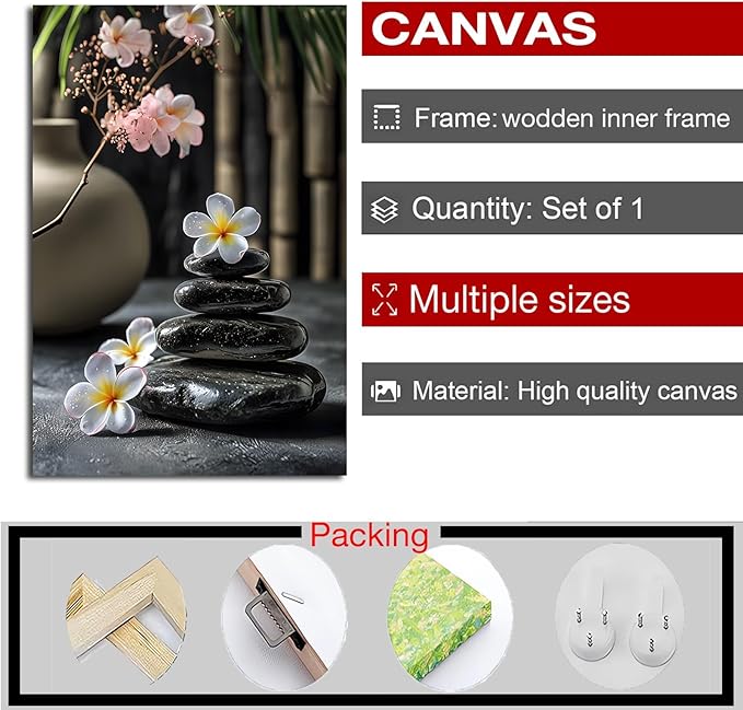 A harmonious black stone stack paired with white and pink flowers bamboo and ceramic vases creates a tranquil Zen decor for minimalist homes and mindful spaces 28x40in Wood Framed