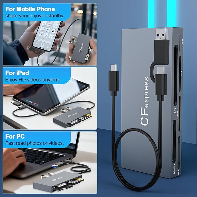 Multi 8 in 1 USB C/USB A for CFexpress Type B Card Reader,10Gbps CFexpress Adapter for Type B/CF/XD/MS/TF/SD Card with Windows/Mac/Linux/Android, for iPhone 16/15, iPad Pro/Samsung/Laptops/Tablets