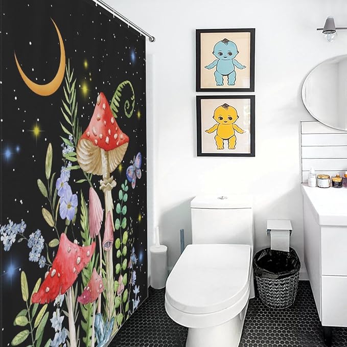 Mushroom Shower Curtain for Bathroom, Magic Gothic Fairy Forest Botanical Vintage Mushroom Wildflower Plants Herbs Farmhouse Country Waterproof Fabric Shower Curtain Set with Hooks, 72"x78" Inch