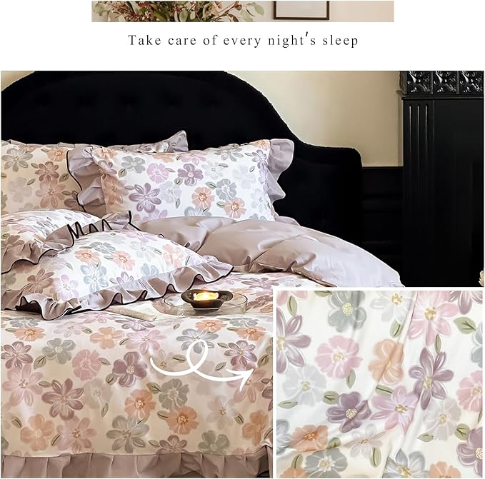 HighBuy Cottagecore Floral Ruffle Duvet Cover Queen for Kids Girls,Coquette Bedding Ruffle Duvet Cover Set Shabby Chic Brushed Cotton Bedding Set Breathable Durable Luxury with Zipper