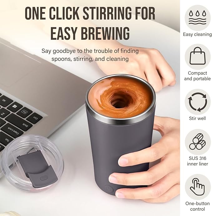 hatisan Self Stirring Coffee Mug With Lid Electric High Speed Self Stirring Mug 400ml Rechargeable Detachable Stainless Steel Self Stirring Cup for Coffee, Milk, Cocoa Christmas Gift(Dark Grey)
