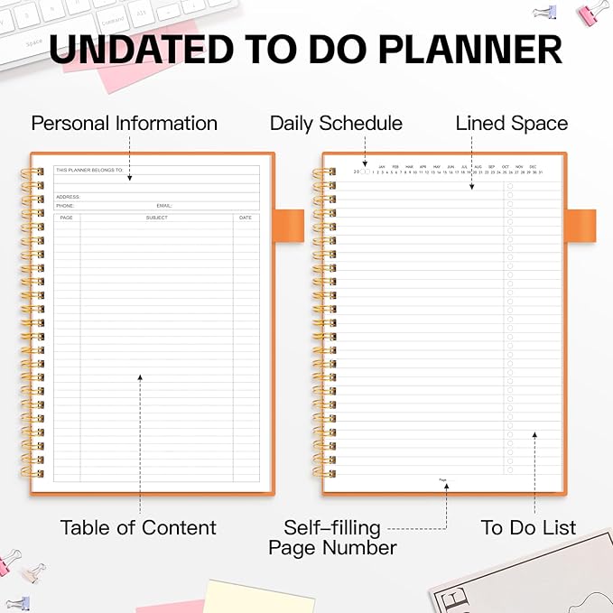 ALLTREE To Do List Notepad Spiral Planner, Daily Task Tracker with Wide lined Notebooks, Work Planner with Pocket, Pen Loop, 160 Pages, Orange (5.5"x8.5")