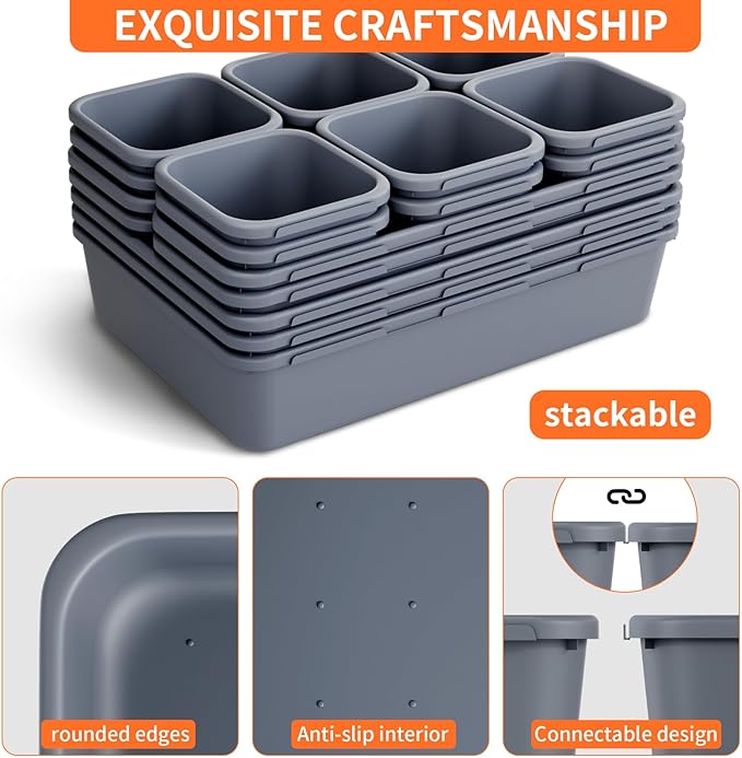 45 Pack Desk Drawer Organizer Tray, 3 Sizes Plastic Drawers Organizer Storage for Kitchen, Bathroom, Office, Vanity, Makeup, Utensils, Junk Drawer Organizer Bins, Gadget Trays for Organizing, Grey