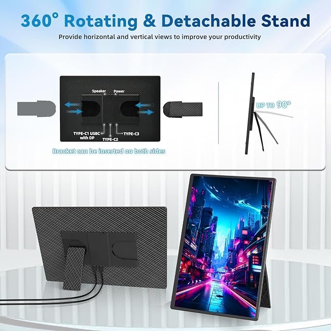 BKVOO Portable Monitor Laptop Screen Extender - 16" 1200P FHD Travel External Display USB-C HDMI Port Detachable Kickstand Gaming Monitor Compatible with Wins Mac Chrome Dex Phone
