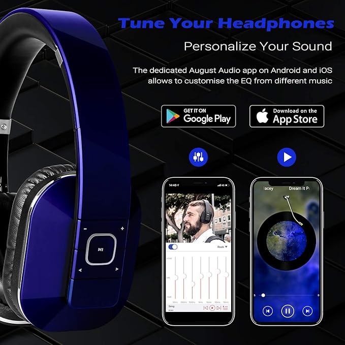 August EP650 Bluetooth Wireless Over-Ear Headphones with aptX Low Latency, NFC, Multipoint Pairing, Wired Option, Built-in Microphone - Blue
