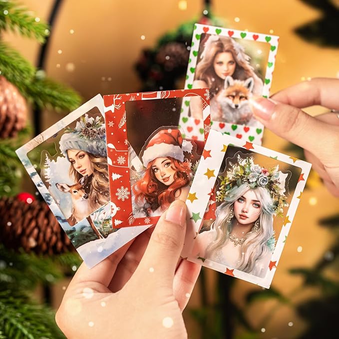 AuriicLeaf Christmas Polaroid PET Stickers, 90 Snow Country Character and Frame Designs for Scrapbooking, Journaling, DIY Crafts, and Holiday Decor