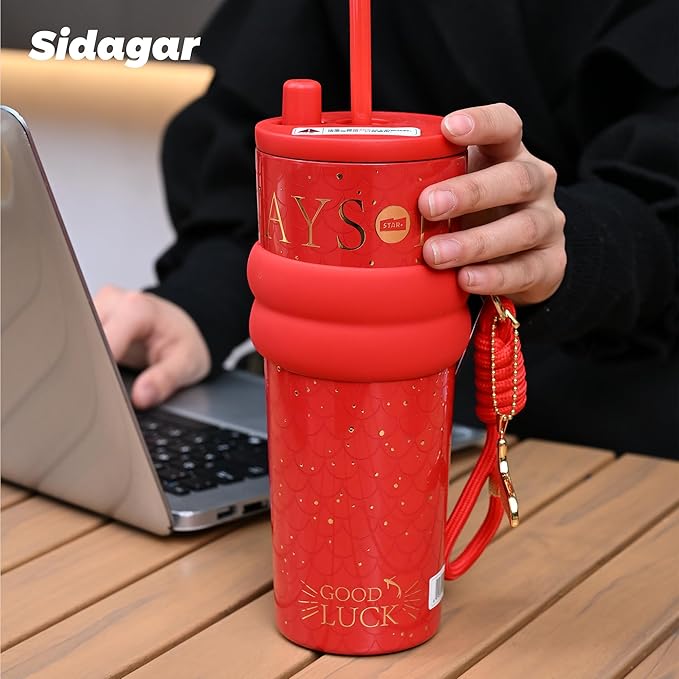 24 oz Tumbler with Lid and Straw, Insulated Coffee Mug Leak Proof, Portable Iced Travel Water Bottle, Reusable Thermal Coffee Cup, Gifts for Women, Scarlet Red