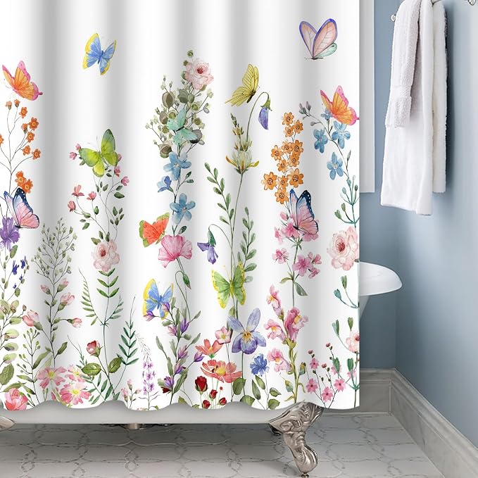 Spring Floral Butterfly Shower Curtain Summer Colorful Wildflowers Botanical Shower Curtain for Rustic Vintage Bathroom Decor Easter Shower Curtain Set 69x70 Inches