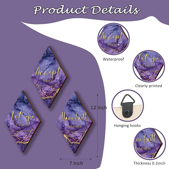 3Pcs Purple And Gold Bathroom Decor Purple Gold Wall Decor with Accept Let Go Have Faith Quote Rustic Farmhouse Wooden Hanging Signs for Women Home Living Room Bedroom(Purple Gold 12x7)