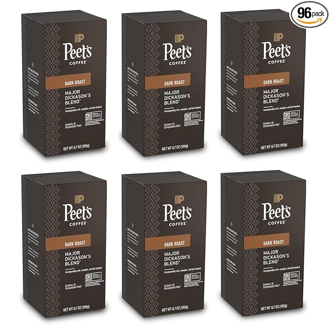Peet's Major Dickason's Blend Pod – 96 Count (6 Packs of 16) – Dark Roast with Bold, Rich Flavor and Smooth Finish – Compatible with Pelecom Coffee Machines – Peet’s Coffee Pods & Capsules