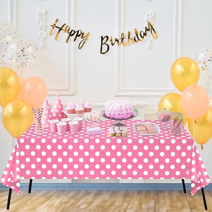 WNINK 2 Pack Pink and White Polka Dot Tablecloths – Pink Disposable Plastic Waterproof Table Cover, 54" x 108", for Birthday, Wedding, Bridal Shower, Bachelor, Pink Girl Party, and Picnic