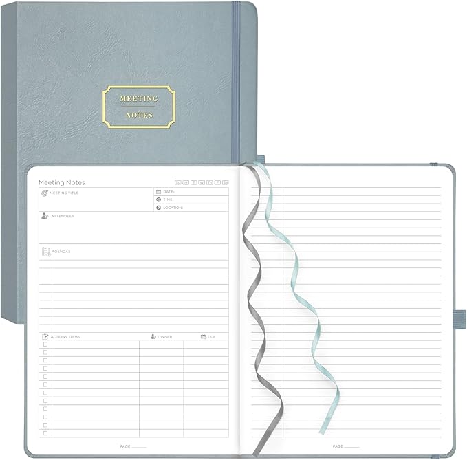 EMSHOI Meeting Notebook for Work with Action Items - 320 Pages B5 Thick Project Planner Agenda Organizer Work Notebook for Women Men Office Business, PU Leather Hardcover, 7.5" x 10", Gray Blue